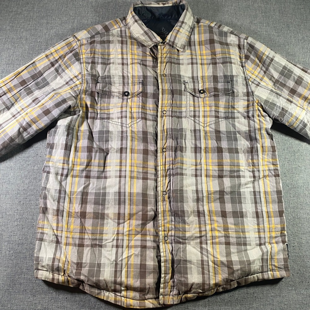Prana Mens Plaid Flannel Reversible Shirt‎ Jacket Button Up Gray Yellow Outdoors